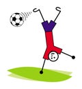 A cartoon little man, a football player hits the ball upside down standing on one hand. Vector.