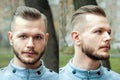 Sport young guy with a modern trendy fade profile haircut for barbershop, set Royalty Free Stock Photo