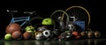 Sporting Array: Exploring Assorted Sports Equipment Set Against a Black Background. Generative AI Royalty Free Stock Photo