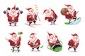 Sporting santa. Cute modern santa character, happy fitness christmas, healthy winter holiday, in gym with dumbbells