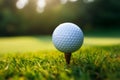 Sporting serenity Golf ball on tee, green grass closeup Royalty Free Stock Photo