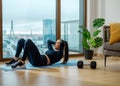 Sportive brunette woman does crunches on glazed balcony