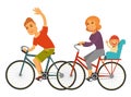 Sportive family rides bicycles with baby isolated illustration