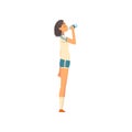 Sportive Girl Drinking Fresh Clean Water from Plastic Bottle Vector Illustration