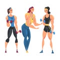 Sportive Girls Doing Exercising with Dumbbells, Female Coach Trainer Character Motivating Them, Physical Workout in Gym Royalty Free Stock Photo