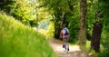 Sportive man cycling in sunny park in hot summer day. Switzerland, Europe