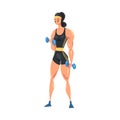 Sportive Muscular Girl Exercising with Dumbbells, Physical Workout in Gym or Home, Healthy Lifestyle Cartoon Style