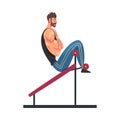 Sportive Muscular Man Doing Abs on Abdominal Crunch Bench, Physical Workout in Gym, Healthy Lifestyle Cartoon Style