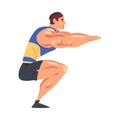 Sportive Muscular Man Doing Squats, Physical Workout in Gym or Home, Healthy Lifestyle Cartoon Style Vector Illustration