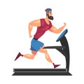 Sportive Muscular Man Running on Treadmill, Physical Workout in Gym, Healthy Lifestyle Cartoon Style Vector Illustration