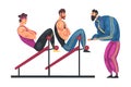 Sportive Muscular Men Doing Abs on Abdominal Crunch Bench, Male Coach Trainer Character Motivating Them, Physical