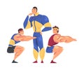 Sportive Muscular Men Doing Squats, Male Coach Trainer Character Whistling Them, Physical Workout in Gym Cartoon Style Royalty Free Stock Photo