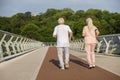 Sportive senior man and woman in tracksuits run together along footbridge Royalty Free Stock Photo