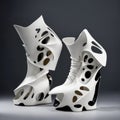 Sportive sneakers design in eclectic futuristic couture, 3D printing, futuristic, hybrid fashion fusion