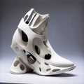 Sportive sneakers design in eclectic futuristic couture, 3D printing, futuristic, hybrid fashion fusion