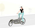 Sportive woman riding empty cargo bicycle on city road. Bakfiets composition. Royalty Free Stock Photo