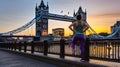 A sportive woman in running clothes rests and stretches after a early morning workout at the Tower Bridge in London, Generative AI Royalty Free Stock Photo