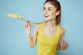 Sportive woman skipping rope exercise gym fitness blue background Royalty Free Stock Photo