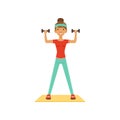 Sportive young woman character exercising with dumbbells, girl working out in the fitness club or gym colorful vector