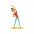 Sportive young woman character exercising, girl working out in the fitness club or gym colorful vector Illustration