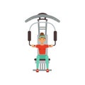 Sportive young woman character flexing muscles on trainer gym machine, girl working out in the fitness club or gym