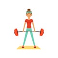 Sportive young woman character lifting barbell, girl working out in the fitness club or gym colorful vector Illustration