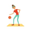 Sportive young woman character woman playing basketball, girl working out in the fitness club or gym colorful vector