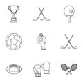 Sports accessories icons set, outline style