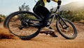 Sports, action and biker dirt racing on mountain bike enjoying riding, cycling and moving with speed. Extreme sports Royalty Free Stock Photo