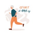 Sports at any age. An elderly man is running. Healthy lifestyle. Grandpa plays sports. Flat illustration, banner