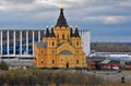 Sports arena Nizhny Novgorod and Alexander Nevsky Cathedral. Color photo. Royalty Free Stock Photo