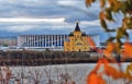 Sports arena Nizhny Novgorod and Alexander Nevsky church. Color photo. Royalty Free Stock Photo