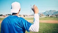 Sports athlete, baseball field or man with ball for competition, practice match or pitcher training workout. Softball Royalty Free Stock Photo