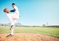 Sports athlete, baseball field or man throwing in competition mock up, practice match or pitcher training workout Royalty Free Stock Photo