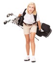 Sports, athlete and woman golfer in a studio with clubs for exercise, training or golfing motivation. Fitness, golf and Royalty Free Stock Photo