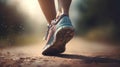 Sports background. Runner feet running on road closeup on shoe. Al generated Royalty Free Stock Photo