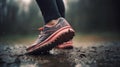 Sports background. Runner feet running on road closeup on shoe. Al generated Royalty Free Stock Photo