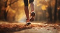 Sports background. Runner feet running on road closeup on shoe. Close up of women\'s legs running on asphalt road