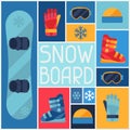 Sports background with snowboard equipment flat