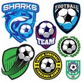 Sports badge with a soccer ball and shark for the team, colored vector illustration Royalty Free Stock Photo