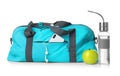 Sports bag and gym equipment on white background Royalty Free Stock Photo