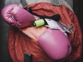 Sports bag and gym equipment as boxing gloves, jumping rope, duffel, and cash euro money Royalty Free Stock Photo