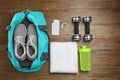 Sports bag and gym equipment Royalty Free Stock Photo