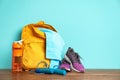 Sports bag and gym equipment Royalty Free Stock Photo