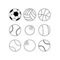 Sports ball or different game balls icon set in black on isolated white background. EPS 10 vector Royalty Free Stock Photo