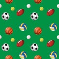 Sports Ball Pattern. Different sports balls on a green background Royalty Free Stock Photo