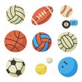 Sports ball set. Football, basketball, rugby, volleyball and golf games equipment. Round and oval balls for various sports flat Royalty Free Stock Photo