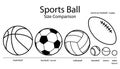 sports ball size diameter comparison - set of black and white vector silhouette symbol illustrations Royalty Free Stock Photo