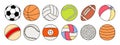 Sports ball sketch set. Color icon. Vector freehand illustration. Football, basketball, volleyball, baseball, rugby, billiards,