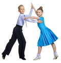 Sports ballroom dancing. Couple of kids, boy and girl  on isolated white background Royalty Free Stock Photo